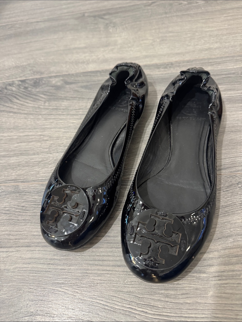 Tory Burch Black Patent Leather Minnie Travel Ballet Flats Size 7